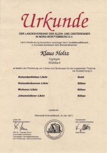 Landesverbandes der Klein- und Obstbrenner Nord-Wuerttemberg Urkunde Likoere1